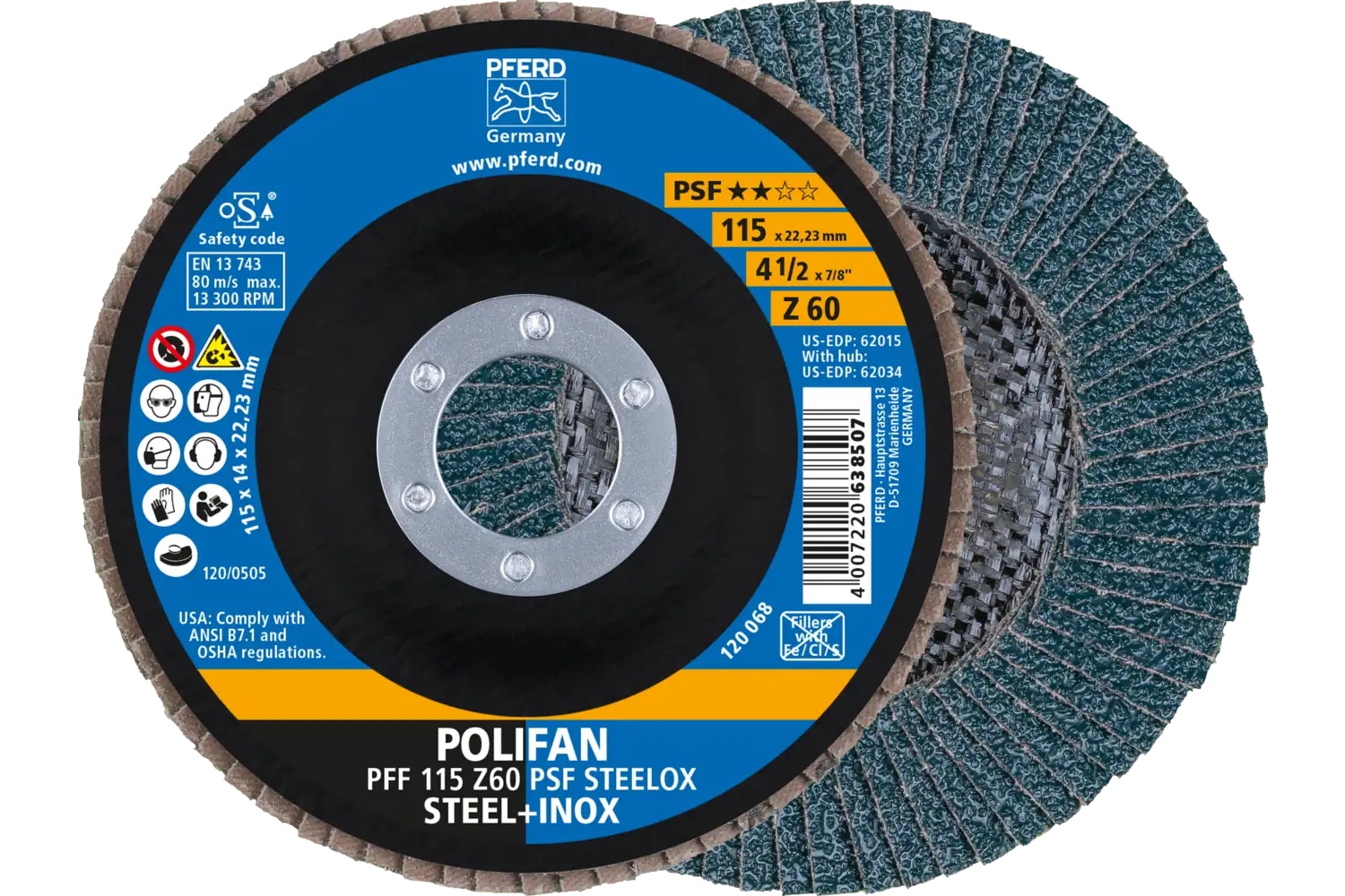 Picture of Pferd Flap Disc, 4-1/2" x 7/8, Z PSF Steelox, 60 Grit, T27, Flat, Zirconia